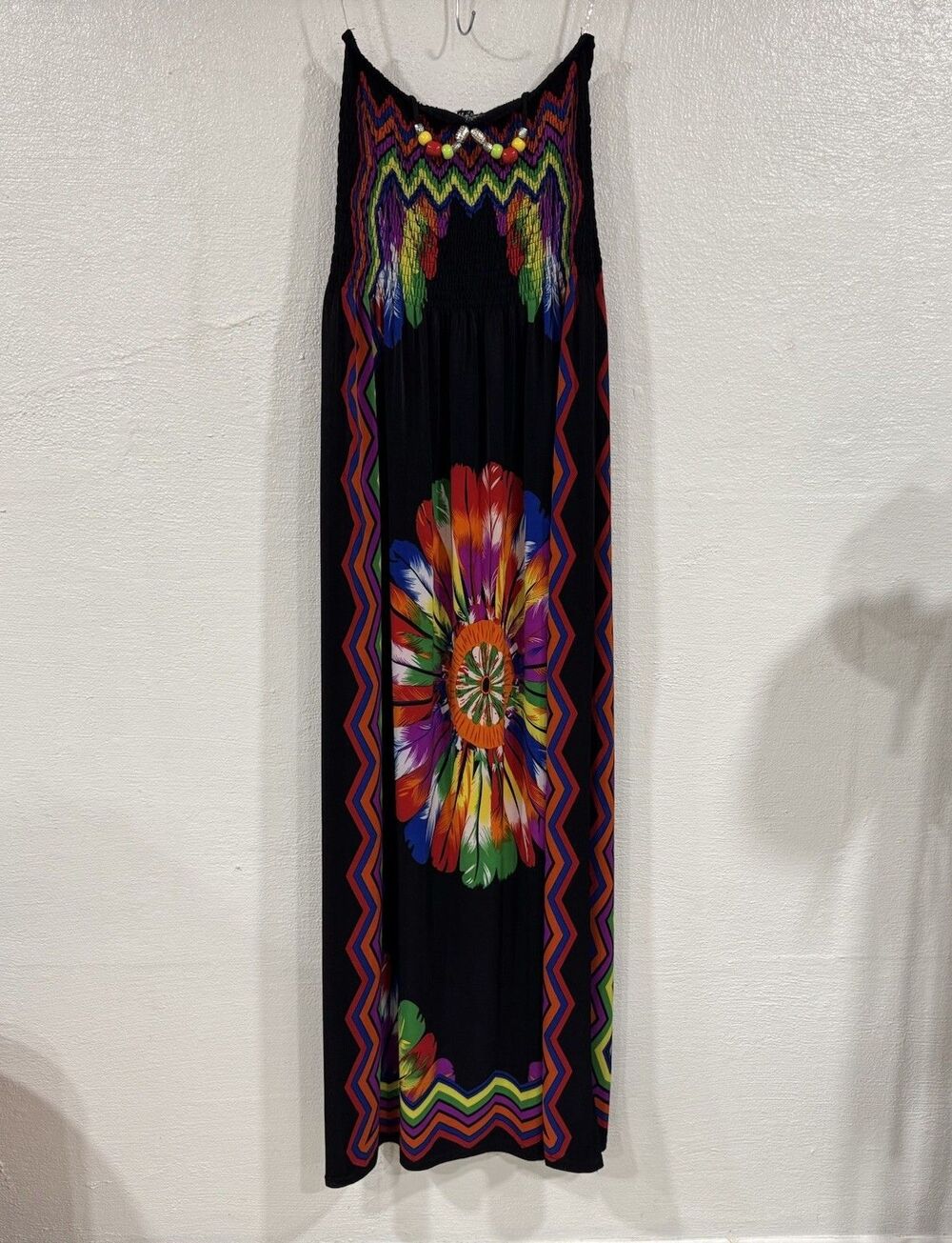 Just Love Maxi Dress Small Black Floral Chevron Smocked Bust Polyester Spandex